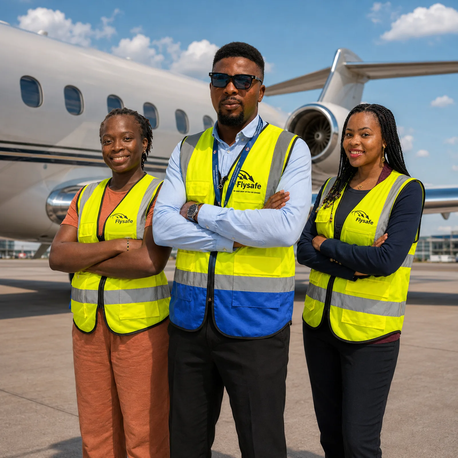 Three Flysafe ground crew members in branded high-visibility vests standing in front of a private jet
