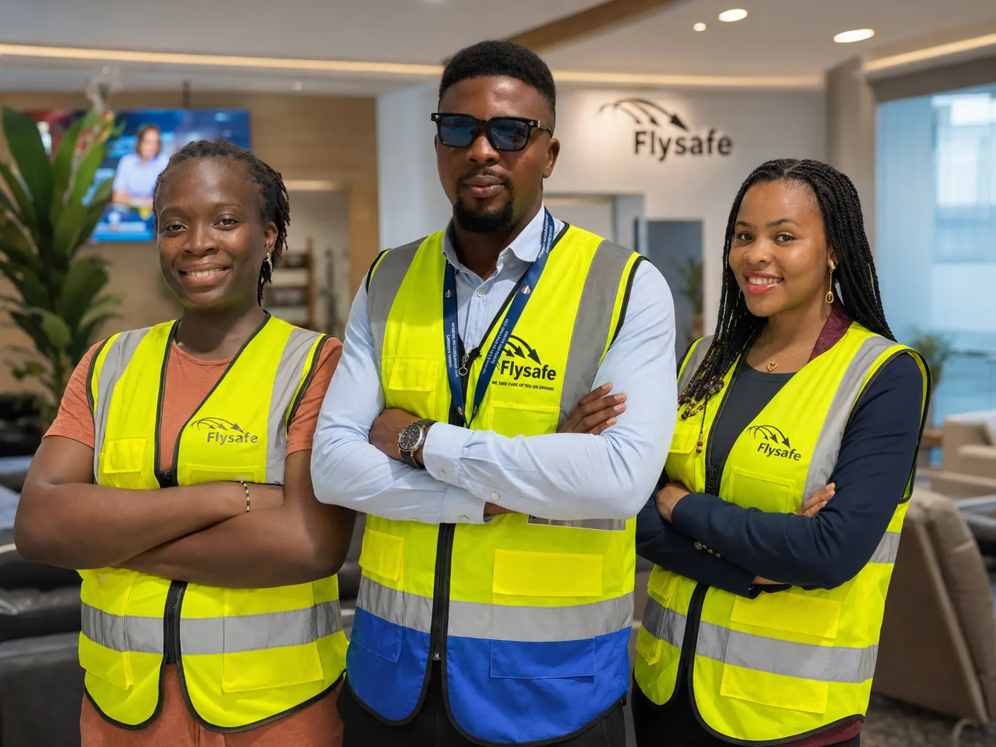 Three Flysafe aviation staff in branded high-visibility vests standing in the terminal lounge